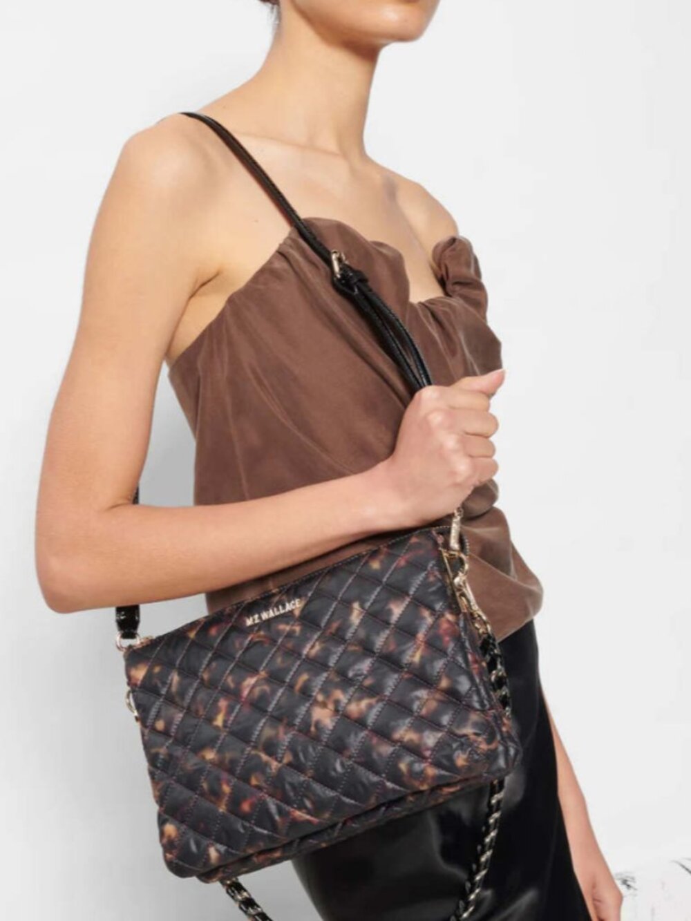 MZ Wallace Large Crosby Pippa Quilted Crossbody Shoulder Bag Purse Tortoise